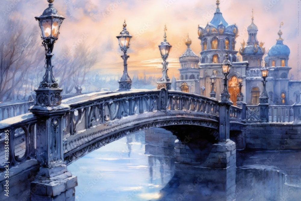 Fototapeta premium winter evening landscape with a view of a snow-covered bridge and a luxurious ancient castle in the background. 