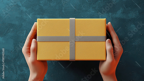 Contemporary artistic collage depicting hands holding a package, symbolizing delivery, exchange, and the concept of gift-giving in a modern, abstract visual style. photo