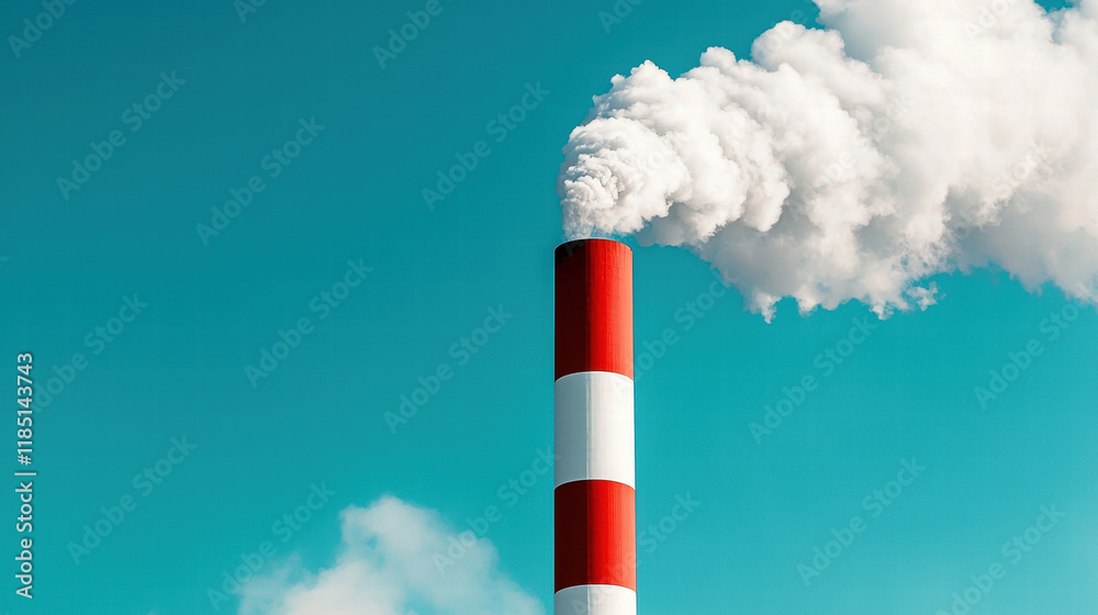 Red and white smokestack emitting smoke into clear blue sky Red and white smokestack emitting smoke into clear blue sky