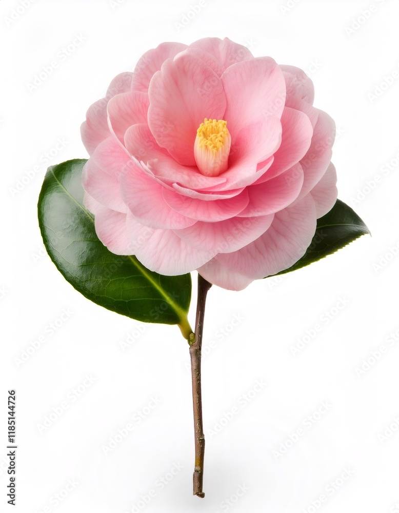 Delicate pink camellia flower blooming on a pure white background, showcasing its exquisite beauty and intricate details Delicate pink camellia flower blooming on a pure white background, showcasing its exquisite beauty and intricate details