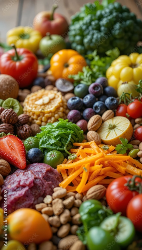 Close-up of healthy food with various vitamin-rich foods such as fruits, vegetables and nuts on a wooden table. Generative AI Close-up of healthy food with various vitamin-rich foods such as fruits, vegetables and nuts on a wooden table. Generative AI