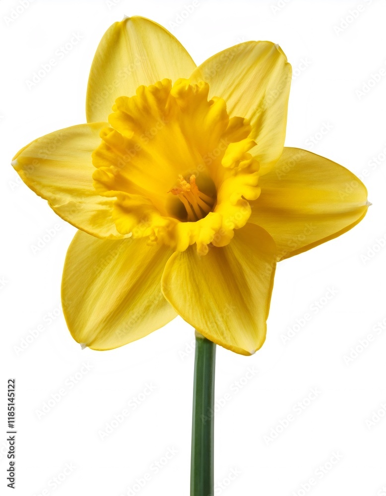 Fototapeta premium Vibrant yellow daffodil blooming with delicate trumpet shaped petals, highlighting springtime freshness against crisp white backdrop
