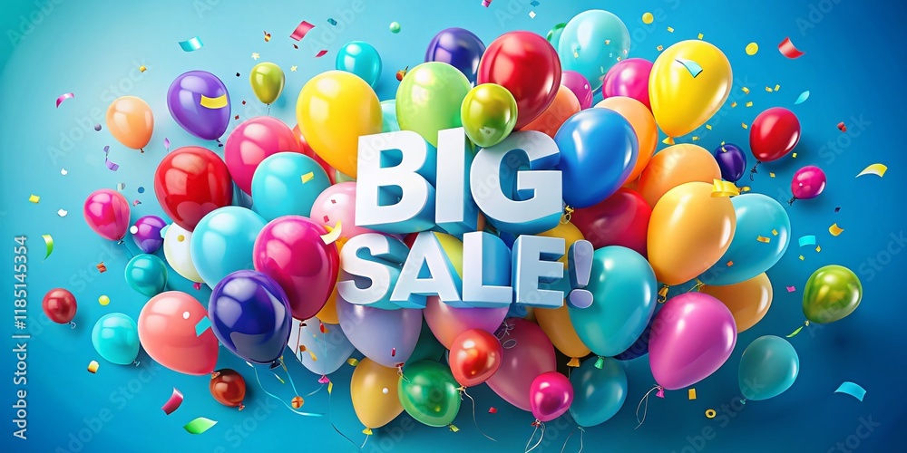 Big Sale Poster with Colorful Balloons - Light Blue Background - Candid Photography Stock Photo Big Sale Poster with Colorful Balloons - Light Blue Background - Candid Photography Stock Photo
