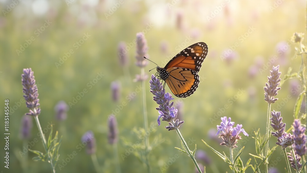 Graceful monarch butterfly on lavender stem in dreamy meadow setting Graceful monarch butterfly on lavender stem in dreamy meadow setting
