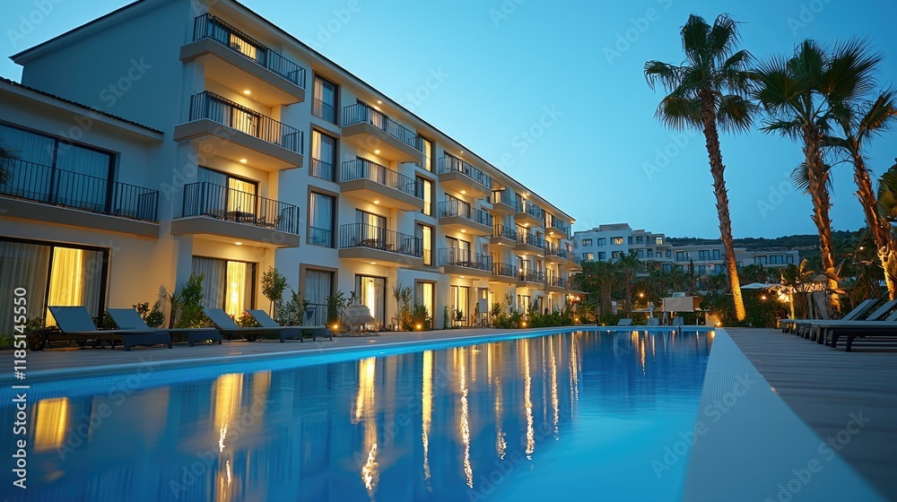 Obraz premium Modern Hotel Building With Illuminated Pool At Night