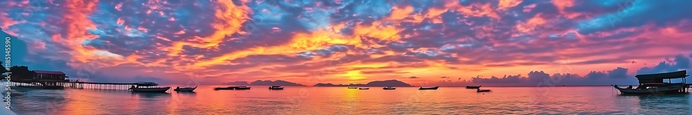 Naklejka premium Breathtaking colorful seaside sunrise with vibrant sky and calm ocean waters, showcasing stunning natural beauty and perfect composition.