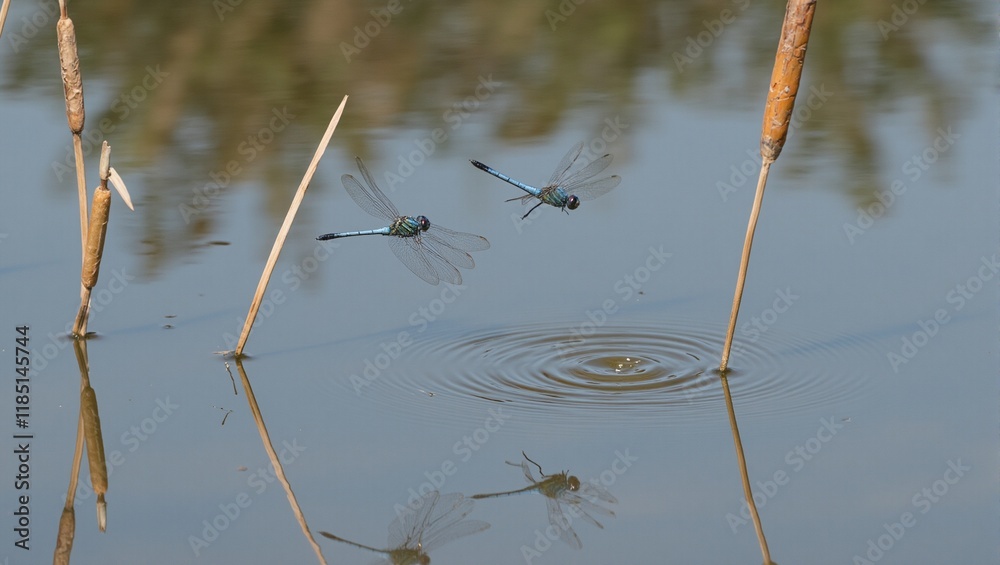 Vibrant blue dragonflies over still pond with reeds creating soft ripples with their delicate wings Vibrant blue dragonflies over still pond with reeds creating soft ripples with their delicate wings