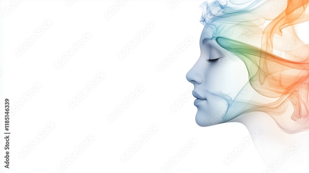 Profile of a serene woman with flowing colorful waves. Energy and self-expression Profile of a serene woman with flowing colorful waves. Energy and self-expression