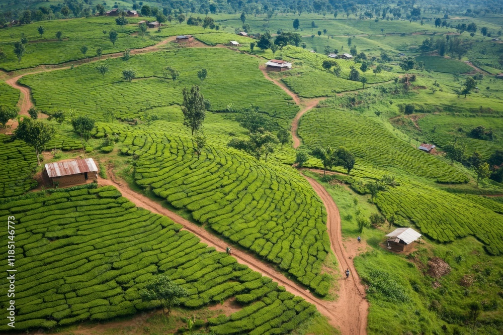 Naklejka premium Dirt roads winding through lush green tea plantation in rwanda