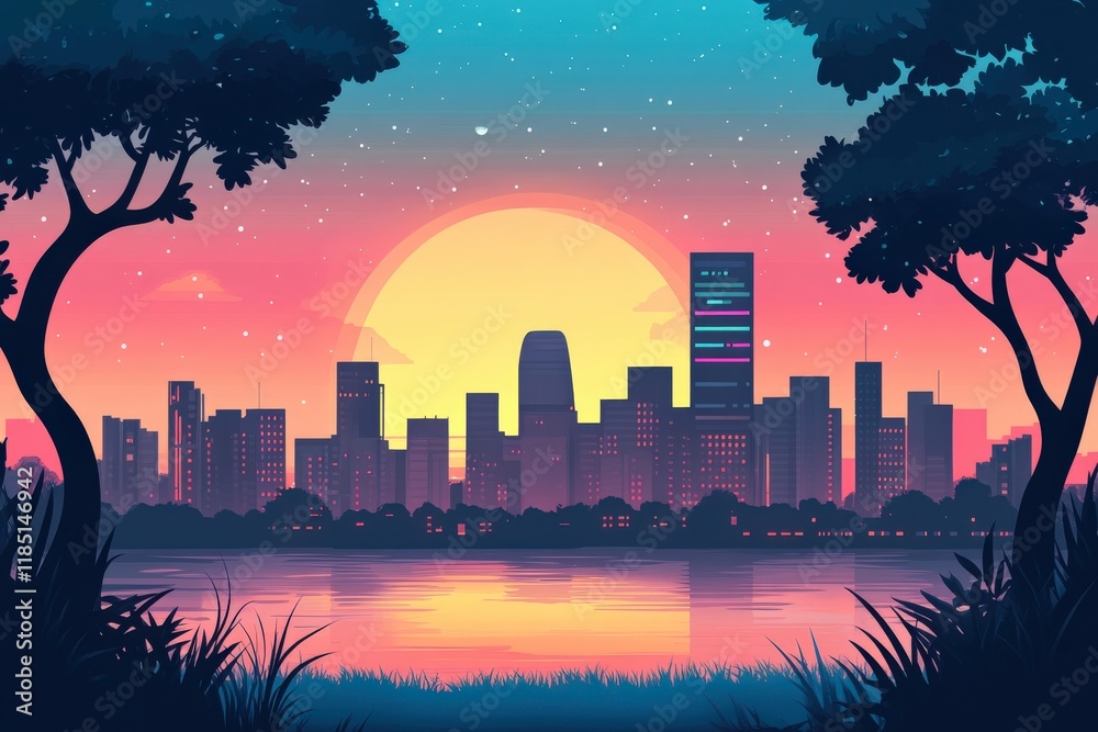 Fototapeta premium Vibrant sunset illuminating city skyline across serene lake with lush greenery