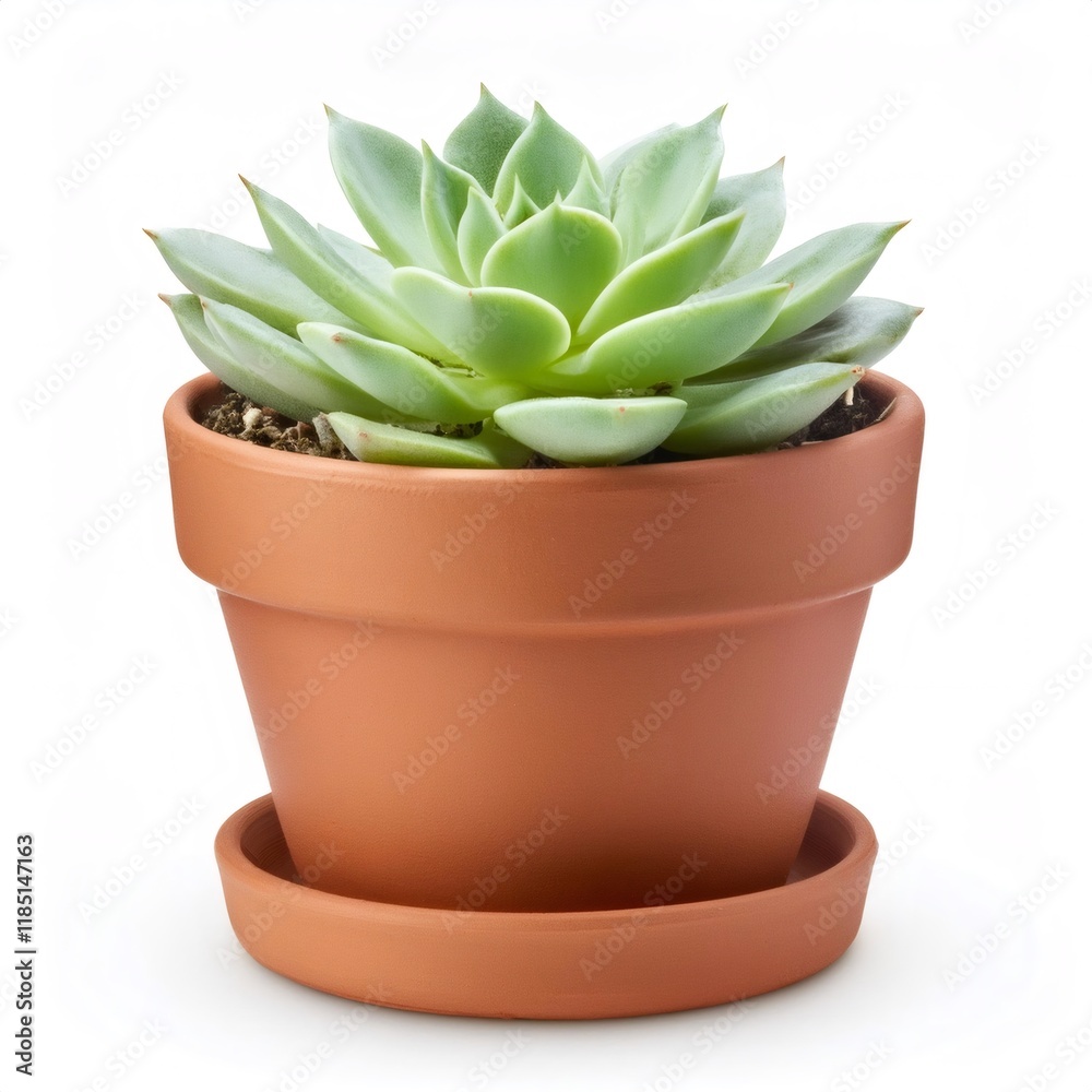 Small firefly succulent plant growing in a terracotta pot on a white background, perfect for home decoration
