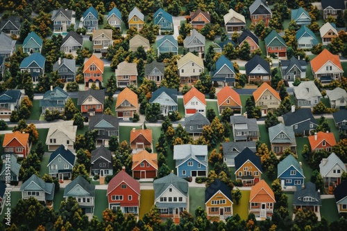 Miniature residential houses representing suburban community living