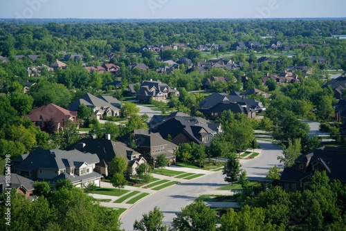 Residential upscale neighborhood with greenery and curving streets showing suburban sprawl