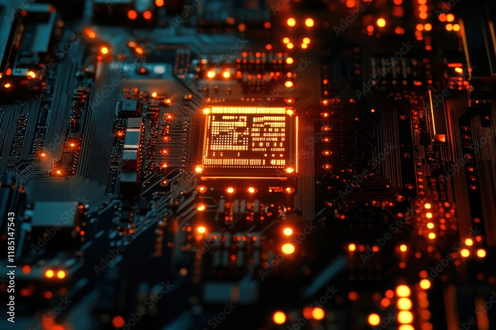 Obraz premium Cpu performing complex calculations glowing orange on motherboard