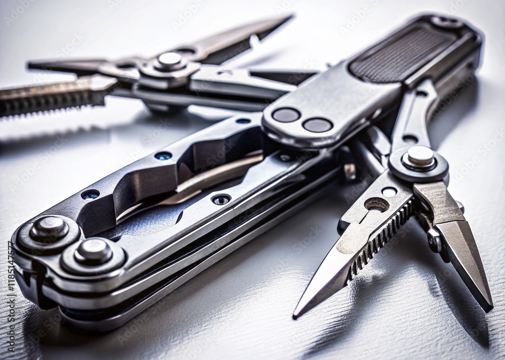Black Multi-Tool with Expanded Tools & Pliers - Macro Close-up on White Black Multi-Tool with Expanded Tools & Pliers - Macro Close-up on White