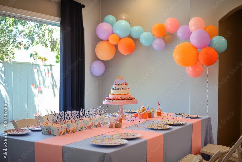 Fototapeta premium Birthday cake displayed on table decorated for tenth birthday party celebration