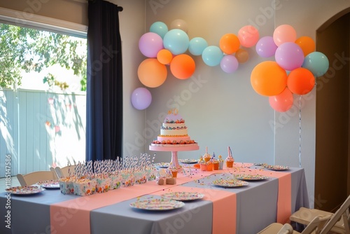 Birthday cake displayed on table decorated for tenth birthday party celebration