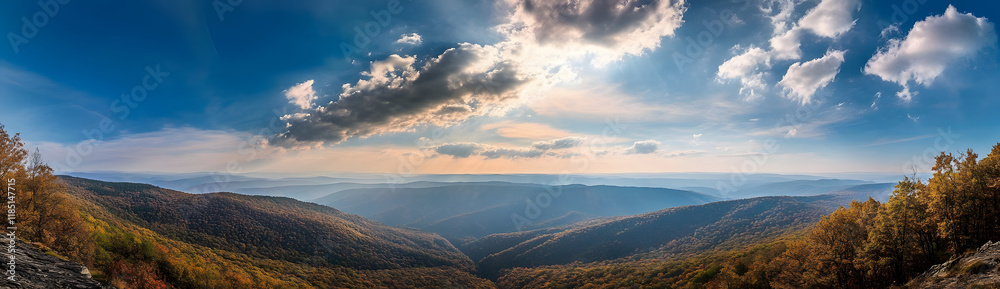 Panoramic view of the mountain peaks at sunrise Panoramic view of the mountain peaks at sunrise