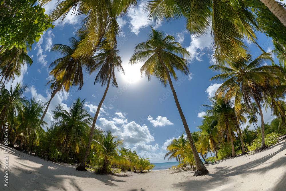 Obraz premium Beautiful tropical beach with palm trees and a blue sky