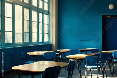 Empty classroom with blue walls and sunlight shining through windows