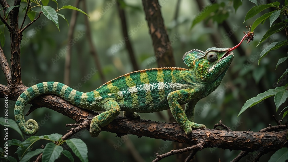 Colorful chameleon catching prey in lush jungle setting blending in seamlessly with green foliage Colorful chameleon catching prey in lush jungle setting blending in seamlessly with green foliage