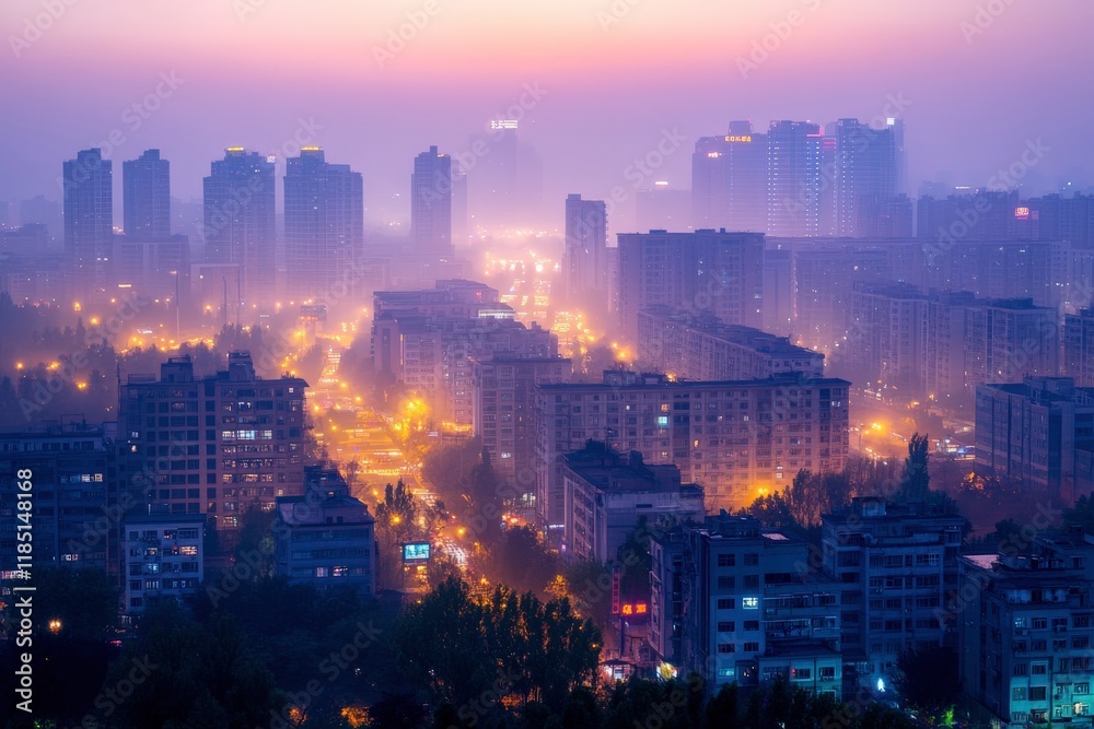 Obraz premium Cityscape emerging from fog at dusk, illuminating urban skyline