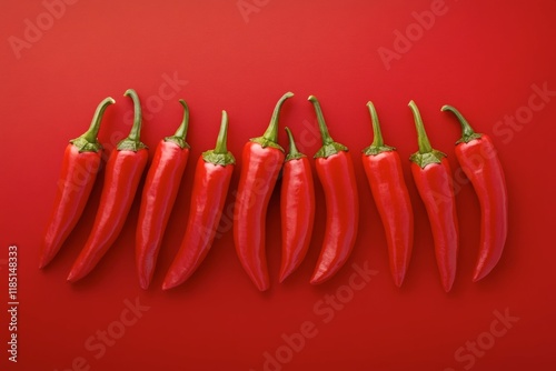 Row of red chili peppers on matching background creating vibrant contrast