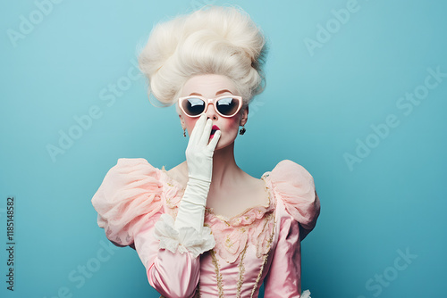 Vintage Baroque-style portrait of a woman in a pink dress, with a big hair updo and sunglasses covering her mouth with her hand