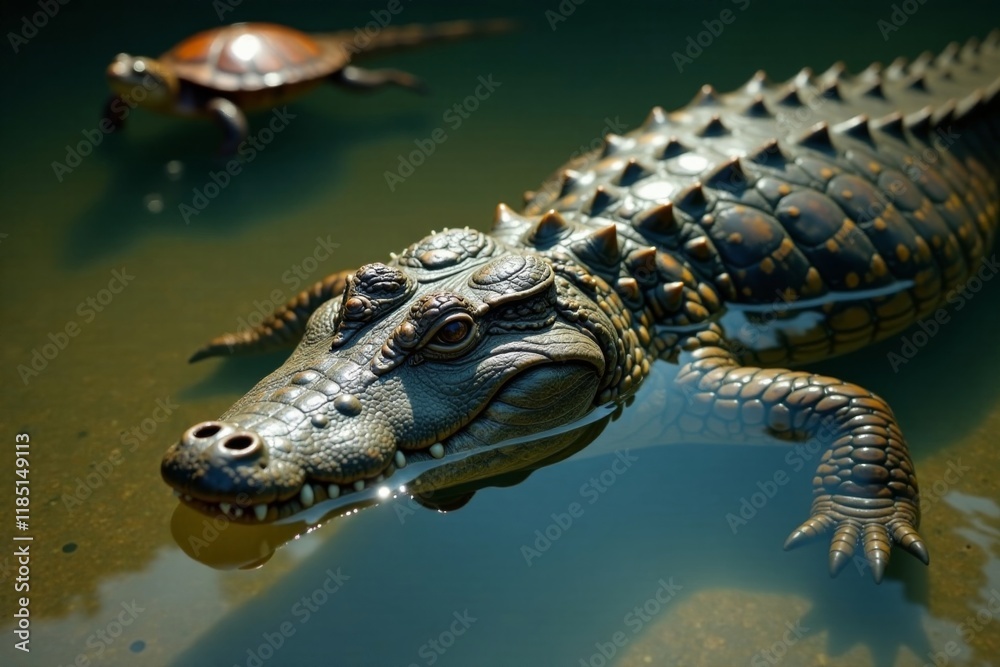 Fototapeta premium American Alligator swimming in murky waters with red-bellied turtle in the background, swamp, alligator, turtle