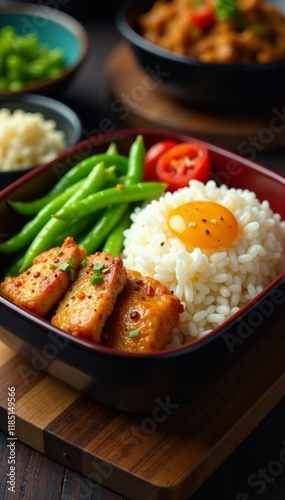 Bento box with steaming hot rice, edamame, and juicy chicken on a wooden table, steamedrice, food, chicken photo