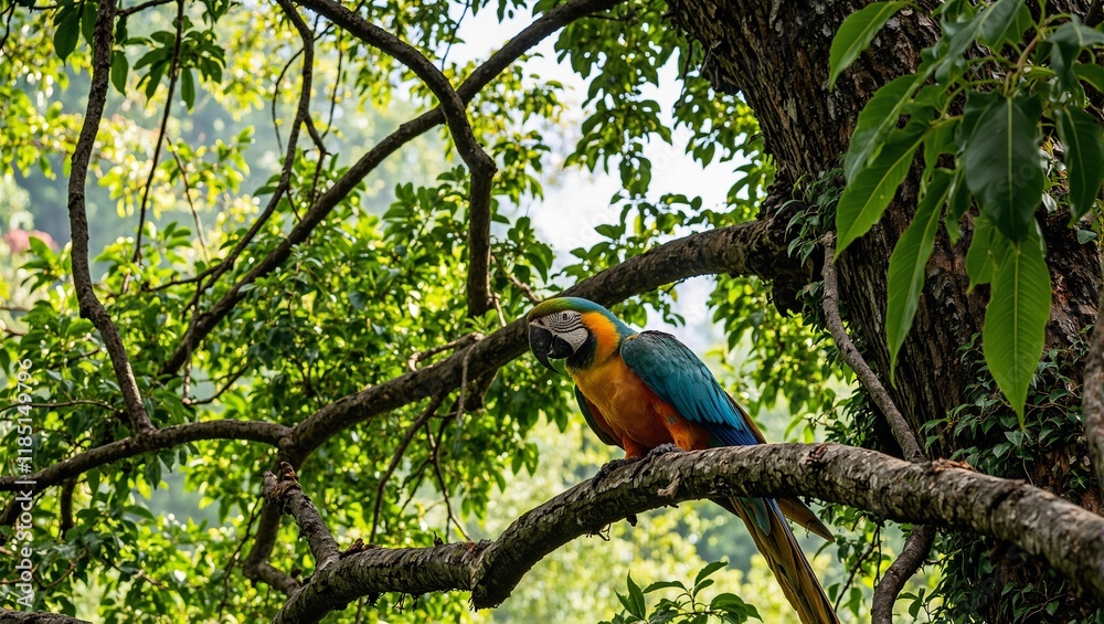 Colorful macaw on tropical tree branch against green canopy with sunlight filtering through leaves Colorful macaw on tropical tree branch against green canopy with sunlight filtering through leaves