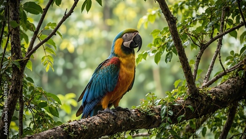 Colorful macaw on tropical tree branch against green canopy with sunlight filtering through leaves