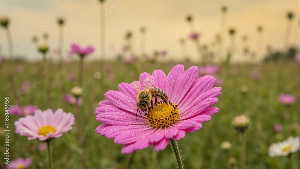 Vibrant pink daisy with a honeybee covered in pollen set in a dreamy meadow of wildflowers Vibrant pink daisy with a honeybee covered in pollen set in a dreamy meadow of wildflowers