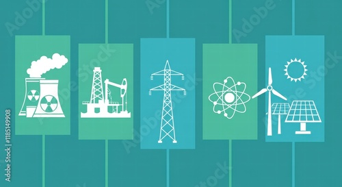 Energy sources icons representing nuclear, fossil, solar, wind, and hydro power