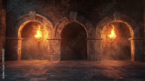 Dark stone hall with three arched doorways, lit by fiery torches.