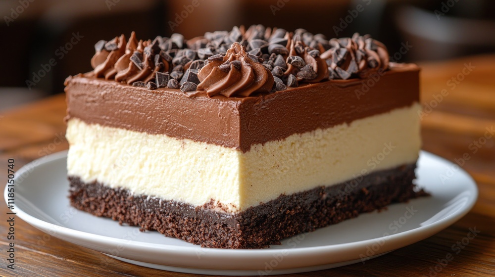 Delicious chocolate and vanilla layered cheesecake dessert on white plate. Delicious chocolate and vanilla layered cheesecake dessert on white plate.