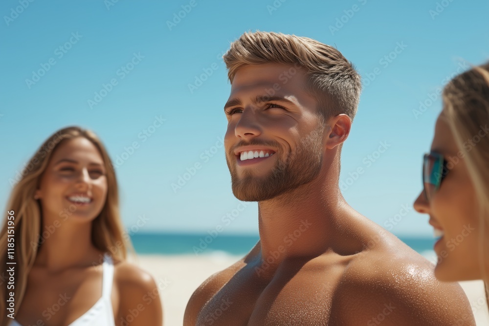 Obraz premium Smiling man with two women at the beach on a sunny day. concept of friendship and outdoor relaxation
