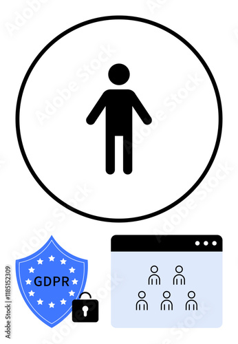 User figure in a circle, blue GDPR shield with lock, group management web page. Ideal for data security, privacy rights, compliance, personal information, legal policies, digital access abstract