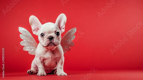 Valentine's Day conceptA cheerful French Bulldog dressed as Cupid with angelic wings photo