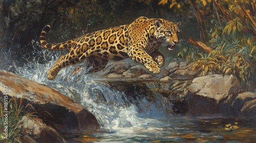 Majestic jaguar leaps across a rushing mountain stream.  Powerful, wild, nature, jungle, wildlife, forest, predator, spotted, leaping,  animal,  conservation,  photography,  beautiful,  exotic,  amazi photo