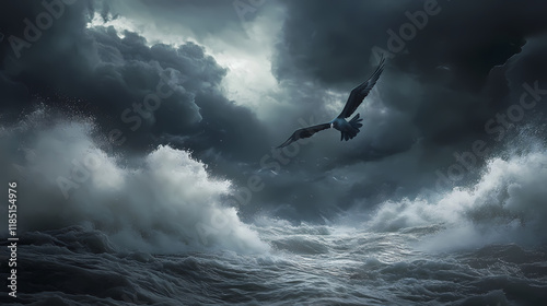 Majestic thunderbird creature soaring powerfully through a dramatic dark and stormy cloudy sky commanding the elements with mythical might. Thundertide. Illustration photo