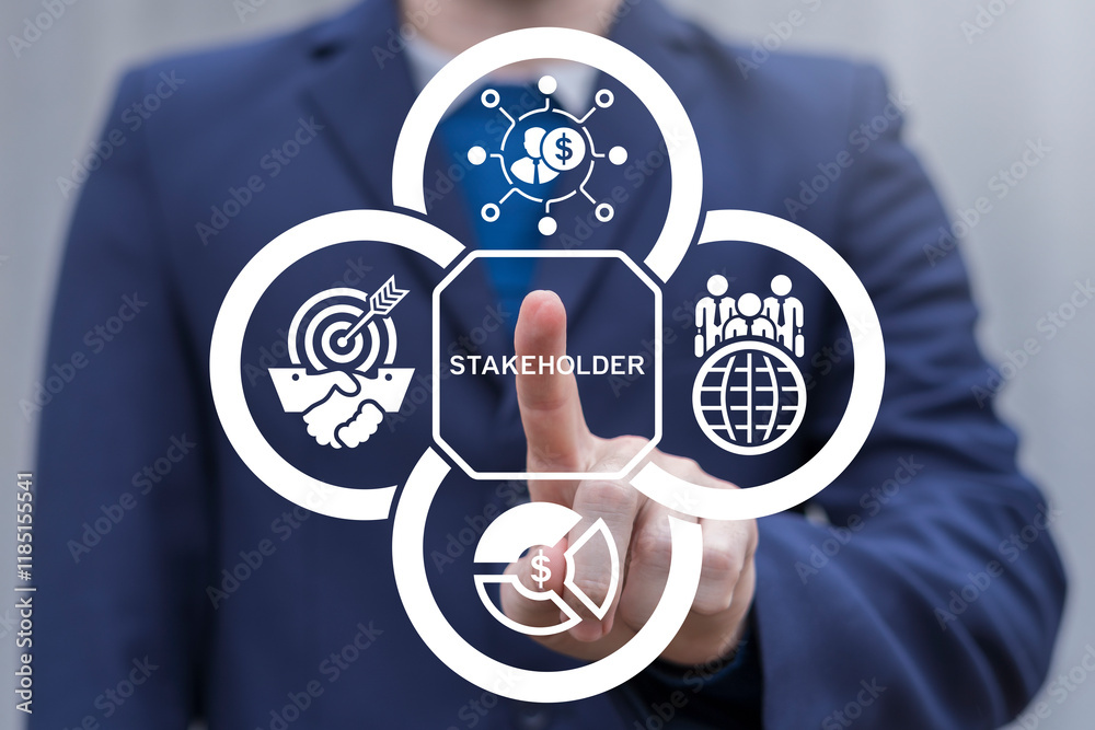 Person using virtual touch screen push on word: STAKEHOLDER. Stakeholders Business Finance concept. Stakeholder Management.