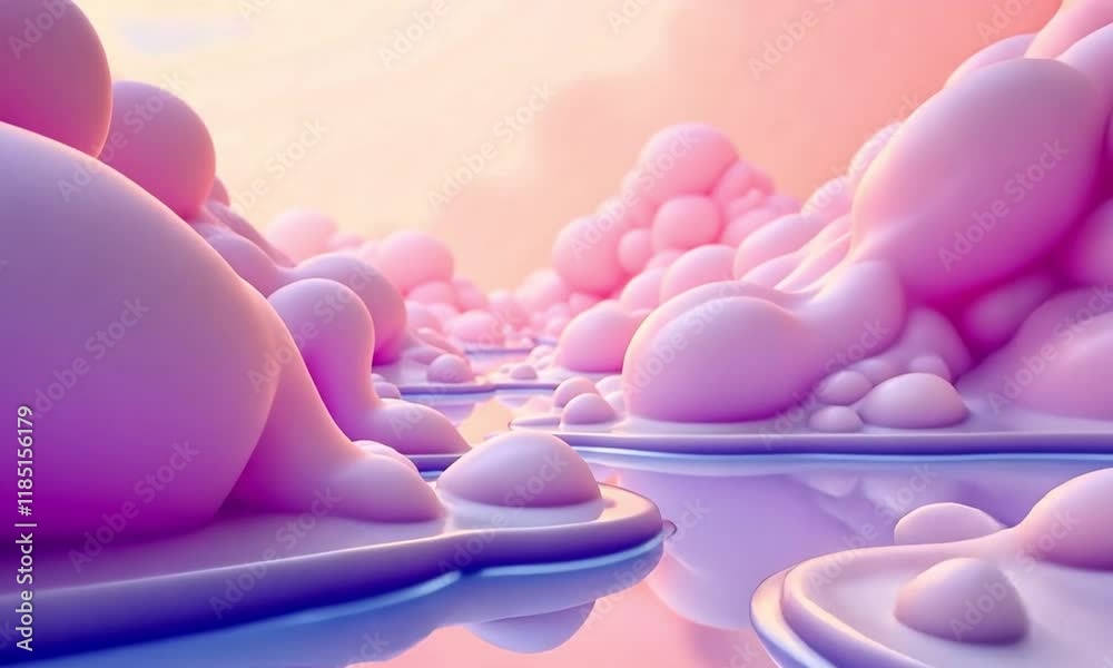 3D Animation of A 3D rendering of a fantastical landscape with pink and purple bubbles floating in a reflective body of water. Video background