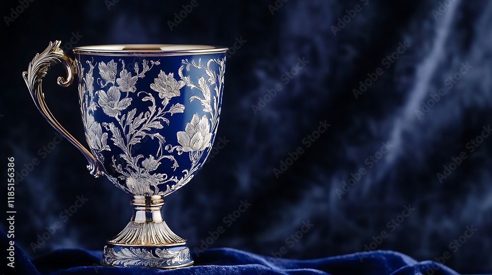 A luxury trophy cup with intricate floral engravings, displayed against a dark blue velvet background A luxury trophy cup with intricate floral engravings, displayed against a dark blue velvet background