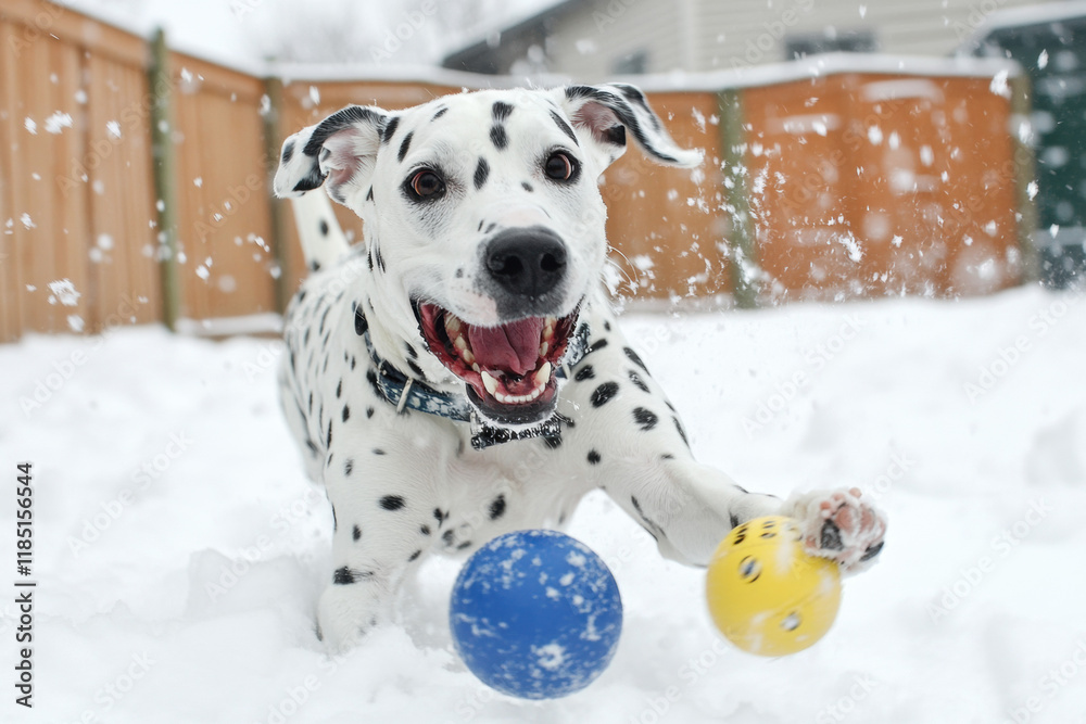 Dalmatian, A playful Dalmatian joyfully chases a ball in a snowy field, showcasing the fun and energy of winter activities with pets. Dalmatian, A playful Dalmatian joyfully chases a ball in a snowy field, showcasing the fun and energy of winter activities with pets.
