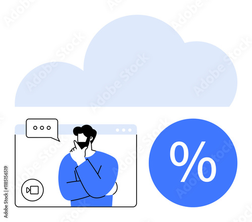 Man using video call, thinking pose, chat bubble. Cloud icon overhead and percentage symbol on the right. Ideal for technology concepts, cloud storage, video conferencing, communication, finance