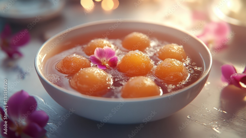 Indian dessert gulab jamuns are drenched in sweet syrup, flavored with aromatic cardamom and rose essence. Indian dessert gulab jamuns are drenched in sweet syrup, flavored with aromatic cardamom and rose essence.