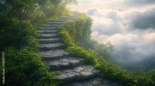 Stone steps ascend cliffside into misty clouds at sunrise. photo