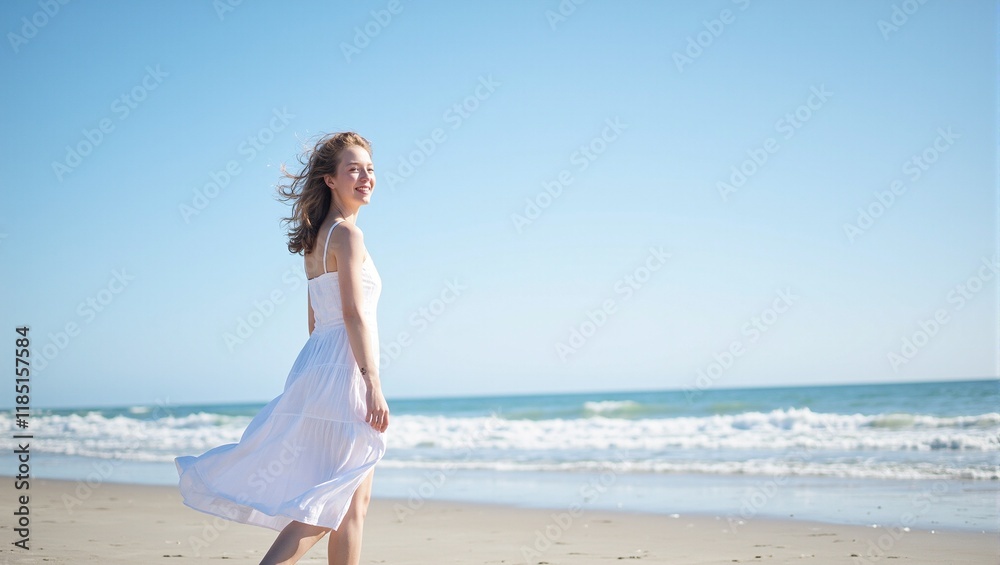 Happy woman in white sundress strolling on sandy beach waves touching her feet under a clear blue sky Happy woman in white sundress strolling on sandy beach waves touching her feet under a clear blue sky