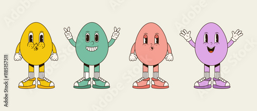 A set of groovy easter eggs in trendy 70s style. Vector illustration